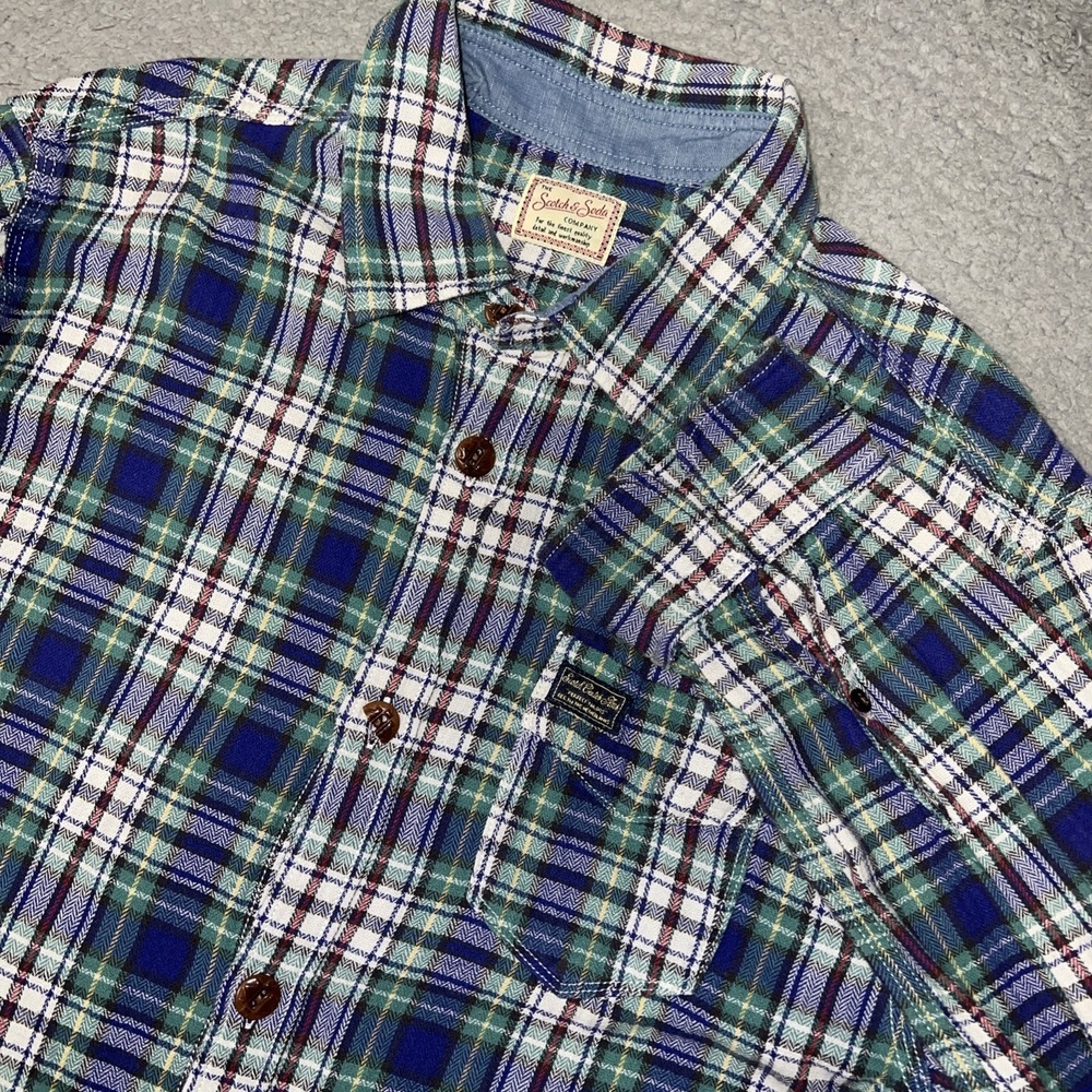 VTG Scotch & Soda Shirt Mens Sz M Blue Green Plaid Flannel Elbow Patch Button Up